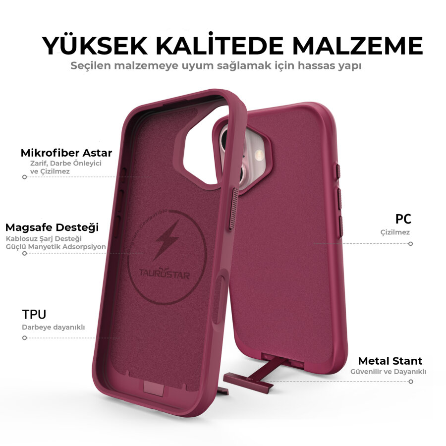 Bix iPhone 16 Plus Vortex MagSafe Kılıf Stand Özellikli 3X Korumalı Mikro Fiber İç Yüzey Kırmızı - 6