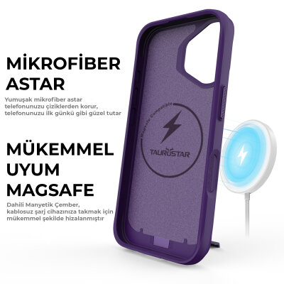 Bix iPhone 16 Plus Vortex MagSafe Kılıf Stand Özellikli 3X Korumalı Mikro Fiber İç Yüzey Koyu Mor - 6