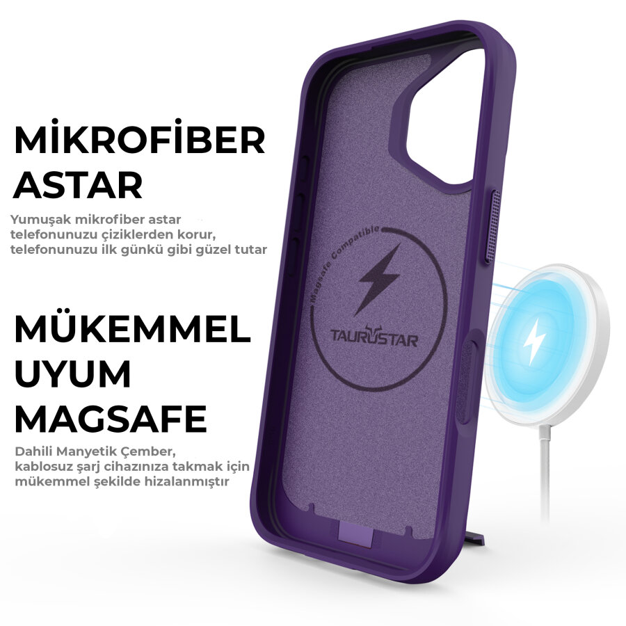 Bix iPhone 16 Plus Vortex MagSafe Kılıf Stand Özellikli 3X Korumalı Mikro Fiber İç Yüzey Koyu Mor - 6