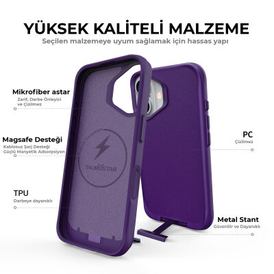 Bix iPhone 16 Plus Vortex MagSafe Kılıf Stand Özellikli 3X Korumalı Mikro Fiber İç Yüzey Koyu Mor - 5