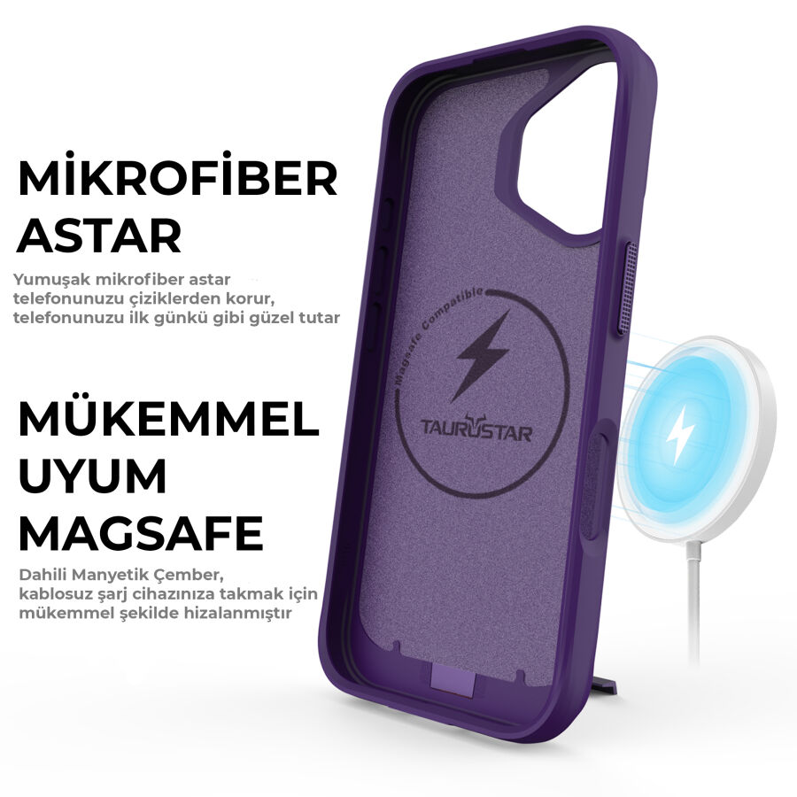 Bix iPhone 16 Plus Vortex MagSafe Kılıf Stand Özellikli 3X Korumalı Mikro Fiber İç Yüzey Koyu Mor - 6