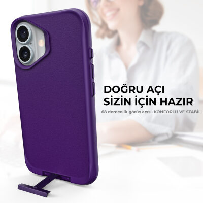 Bix iPhone 16 Plus Vortex MagSafe Kılıf Stand Özellikli 3X Korumalı Mikro Fiber İç Yüzey Koyu Mor - 8
