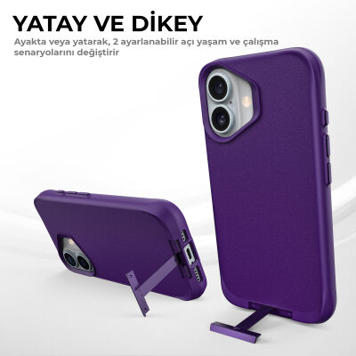 Bix iPhone 16 Plus Vortex MagSafe Kılıf Stand Özellikli 3X Korumalı Mikro Fiber İç Yüzey Koyu Mor - 10