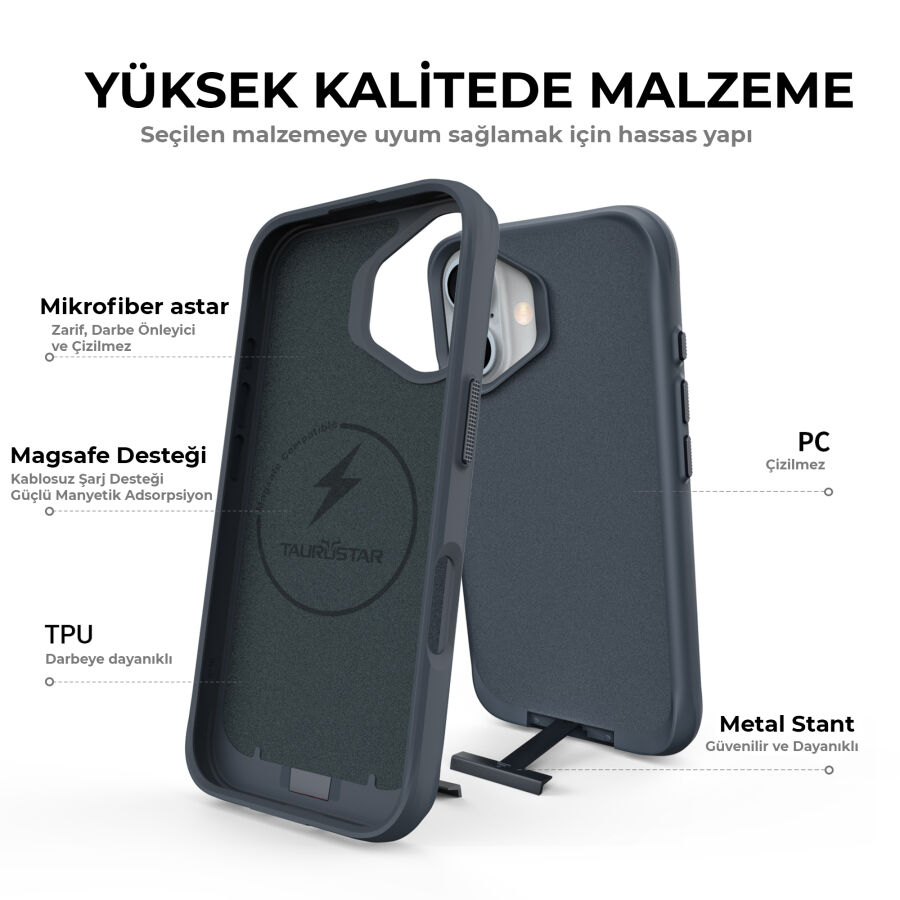 Bix iPhone 16 Plus Vortex MagSafe Kılıf Stand Özellikli 3X Korumalı Mikro Fiber İç Yüzey Lacivert - 5