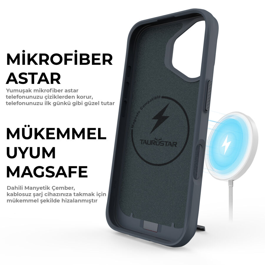 Bix iPhone 16 Plus Vortex MagSafe Kılıf Stand Özellikli 3X Korumalı Mikro Fiber İç Yüzey Lacivert - 6