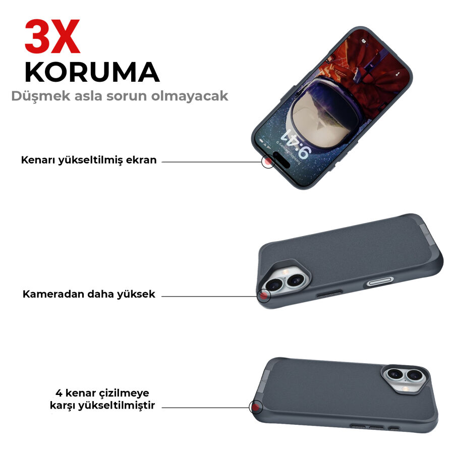 Bix iPhone 16 Plus Vortex MagSafe Kılıf Stand Özellikli 3X Korumalı Mikro Fiber İç Yüzey Lacivert - 9