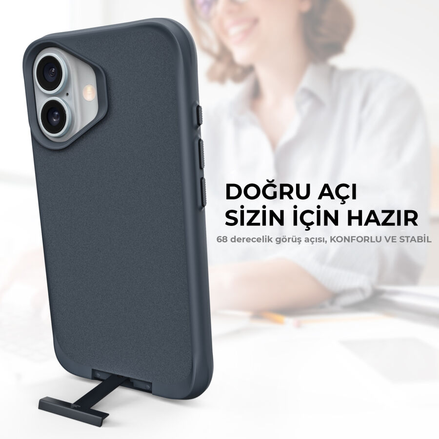 Bix iPhone 16 Plus Vortex MagSafe Kılıf Stand Özellikli 3X Korumalı Mikro Fiber İç Yüzey Lacivert - 10