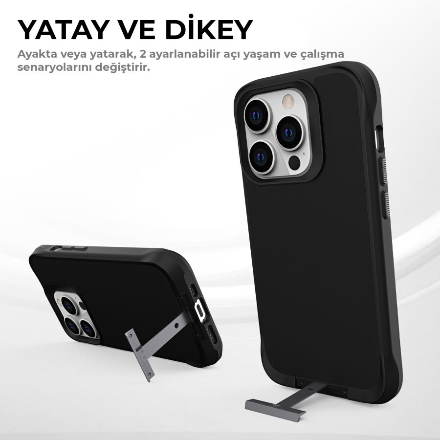 Bix iPhone 16 Plus Vortex MagSafe Kılıf Stand Özellikli 3X Korumalı Mikro Fiber İç Yüzey Siyah - 8