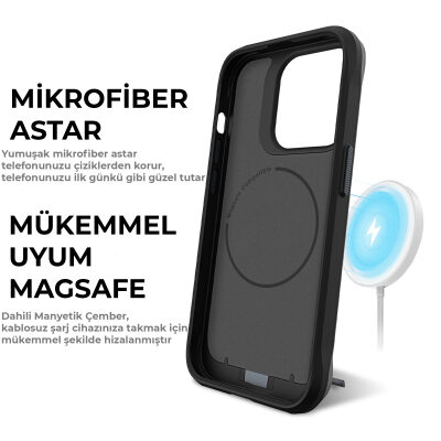 Bix iPhone 16 Plus Vortex MagSafe Kılıf Stand Özellikli 3X Korumalı Mikro Fiber İç Yüzey Siyah - 10