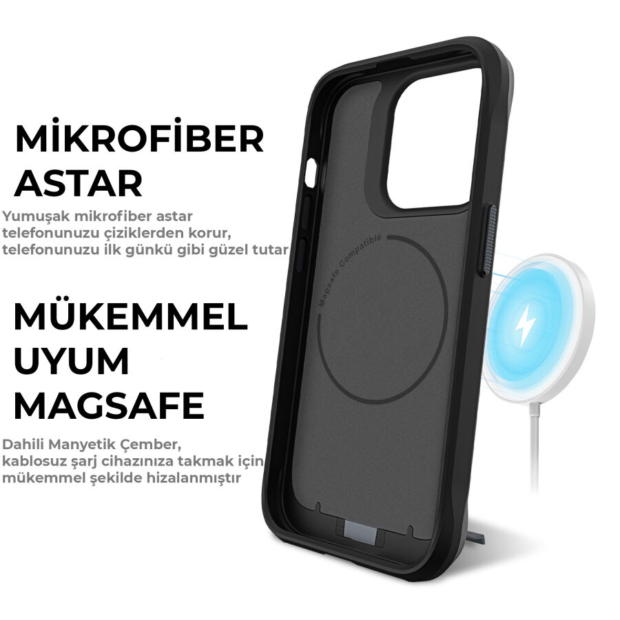 Bix iPhone 16 Plus Vortex MagSafe Kılıf Stand Özellikli 3X Korumalı Mikro Fiber İç Yüzey Siyah - 10