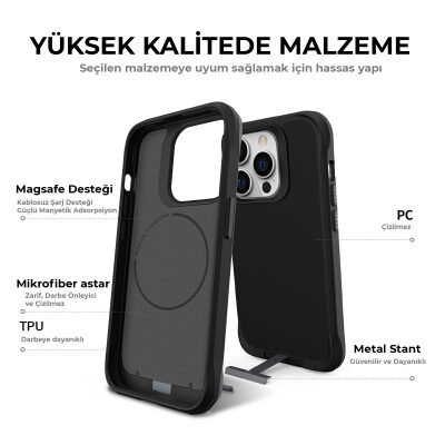 Bix iPhone 16 Plus Vortex MagSafe Kılıf Stand Özellikli 3X Korumalı Mikro Fiber İç Yüzey Siyah - 11