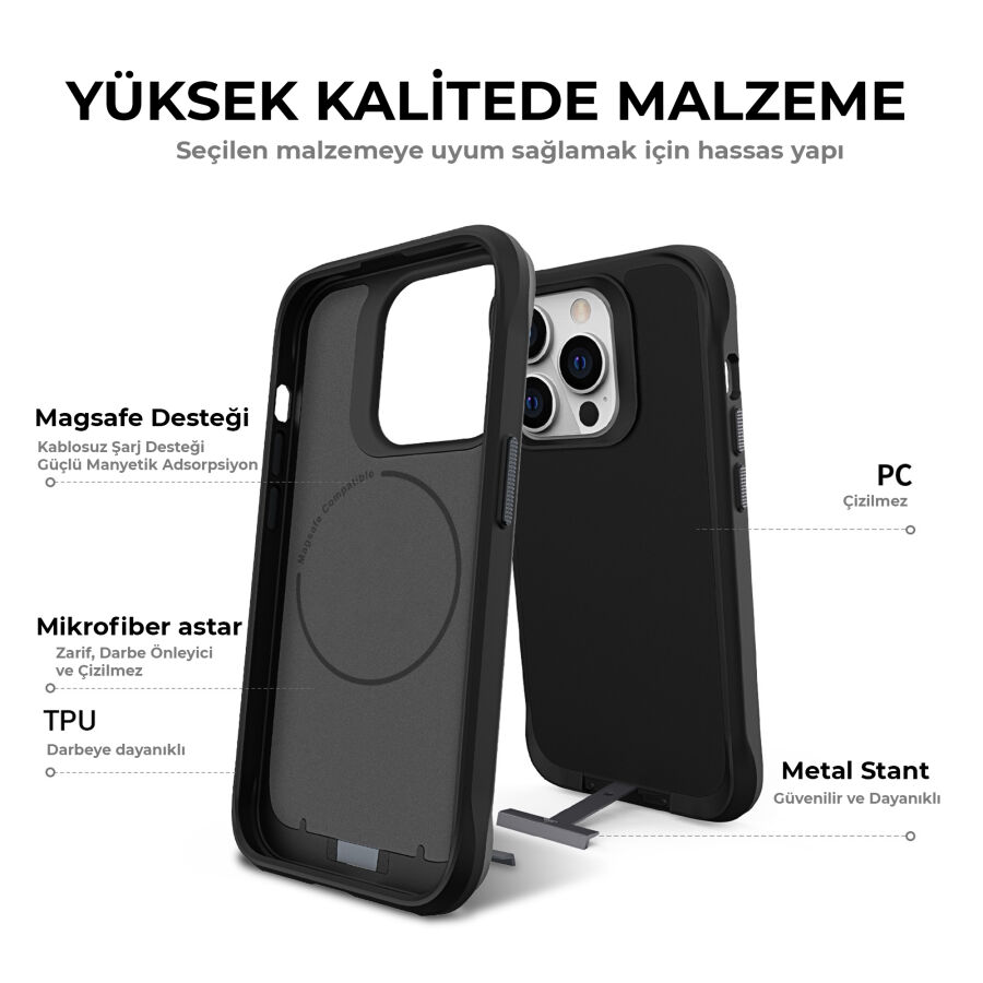 Bix iPhone 16 Plus Vortex MagSafe Kılıf Stand Özellikli 3X Korumalı Mikro Fiber İç Yüzey Siyah - 11