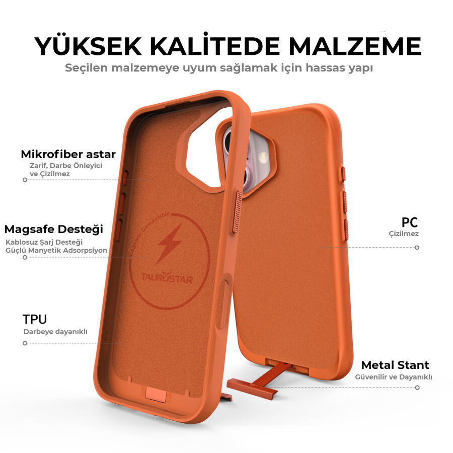 Bix iPhone 16 Plus Vortex MagSafe Kılıf Stand Özellikli 3X Korumalı Mikro Fiber İç Yüzey Turuncu - 5