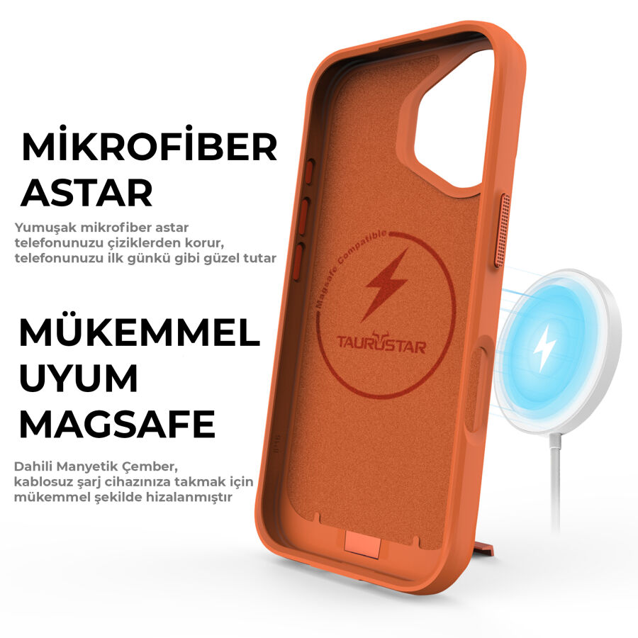 Bix iPhone 16 Plus Vortex MagSafe Kılıf Stand Özellikli 3X Korumalı Mikro Fiber İç Yüzey Turuncu - 6