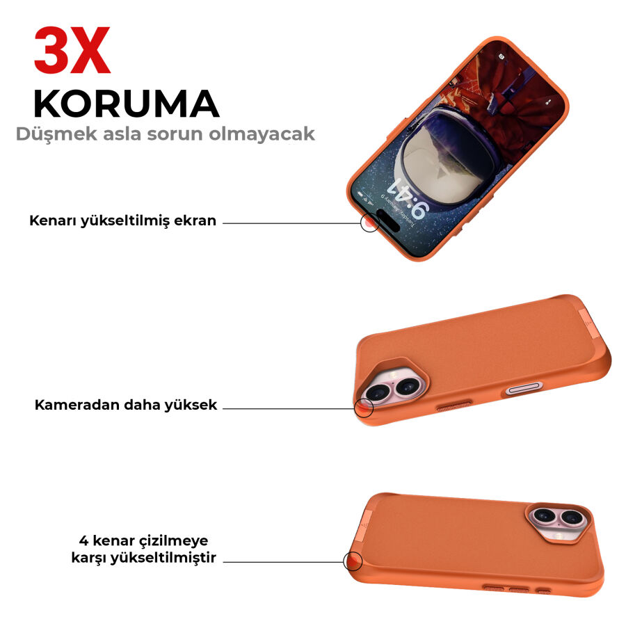 Bix iPhone 16 Plus Vortex MagSafe Kılıf Stand Özellikli 3X Korumalı Mikro Fiber İç Yüzey Turuncu - 8