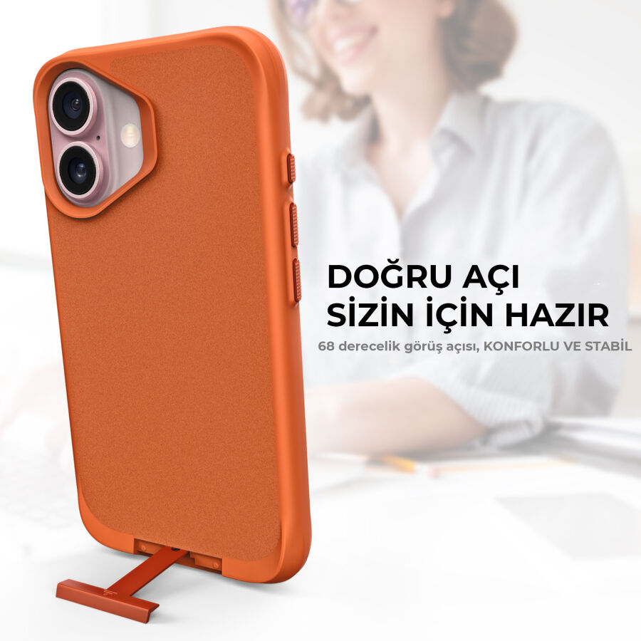 Bix iPhone 16 Plus Vortex MagSafe Kılıf Stand Özellikli 3X Korumalı Mikro Fiber İç Yüzey Turuncu - 9