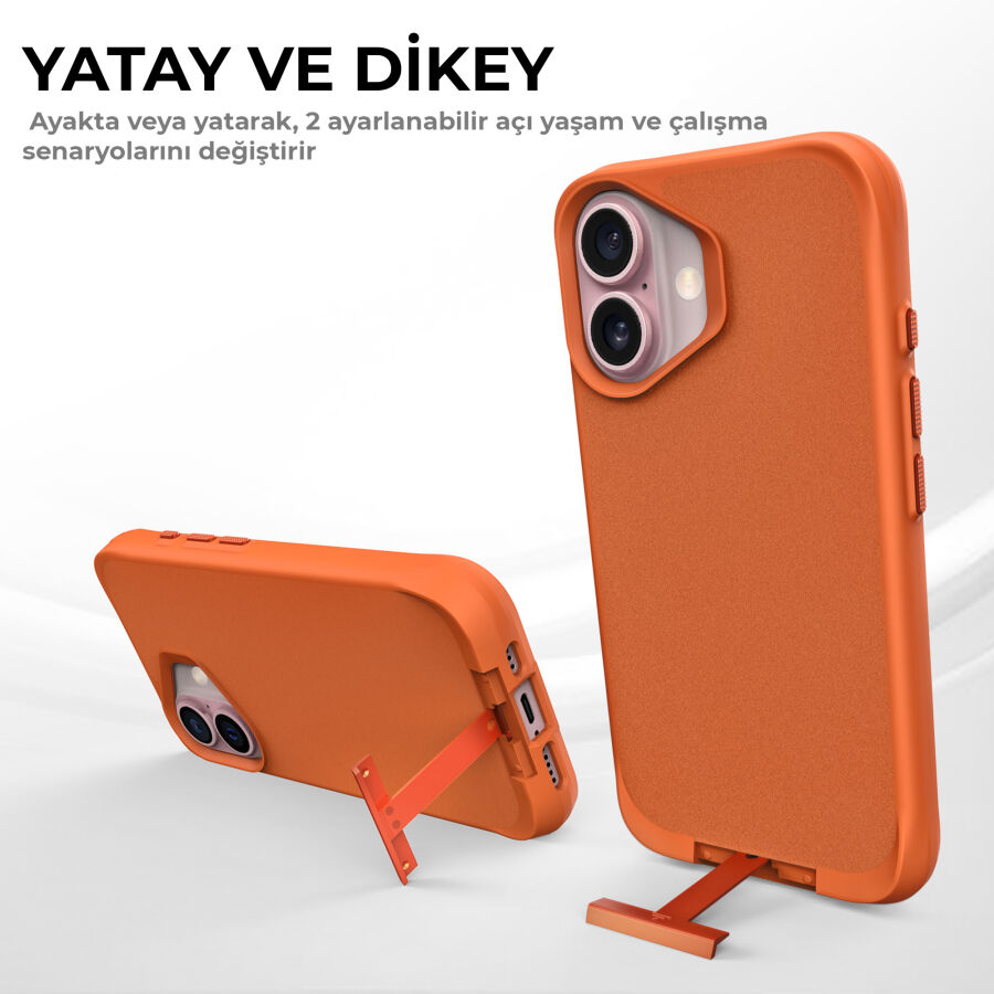 Bix iPhone 16 Plus Vortex MagSafe Kılıf Stand Özellikli 3X Korumalı Mikro Fiber İç Yüzey Turuncu - 11