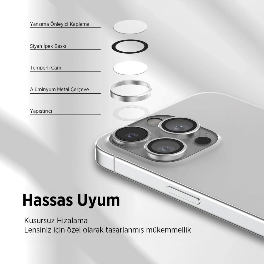 Bix iPhone 16 Pro / 16 Pro Max Safir Lens Koruyucu 3D Kamera Camı 9H Premium Lens Kapağı Desert Titanyum - 4