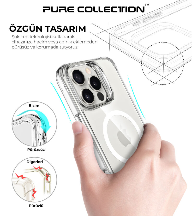 Bix iPhone 16 Pro MagSafe Uyumlu Transparan Şeffaf Kılıf Güçlü Manyetik Üstün Darbe Koruması - 10