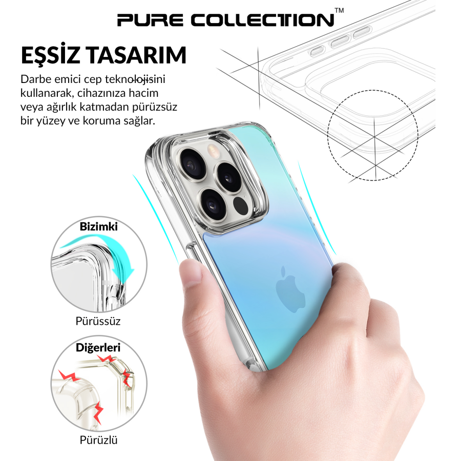 Bix iPhone 16 Pro Max Pure Rainbow Renk Geçişli Şeffaf Kılıf Çizilmeye Dayanıklı Darbe Emici Mavi - 8