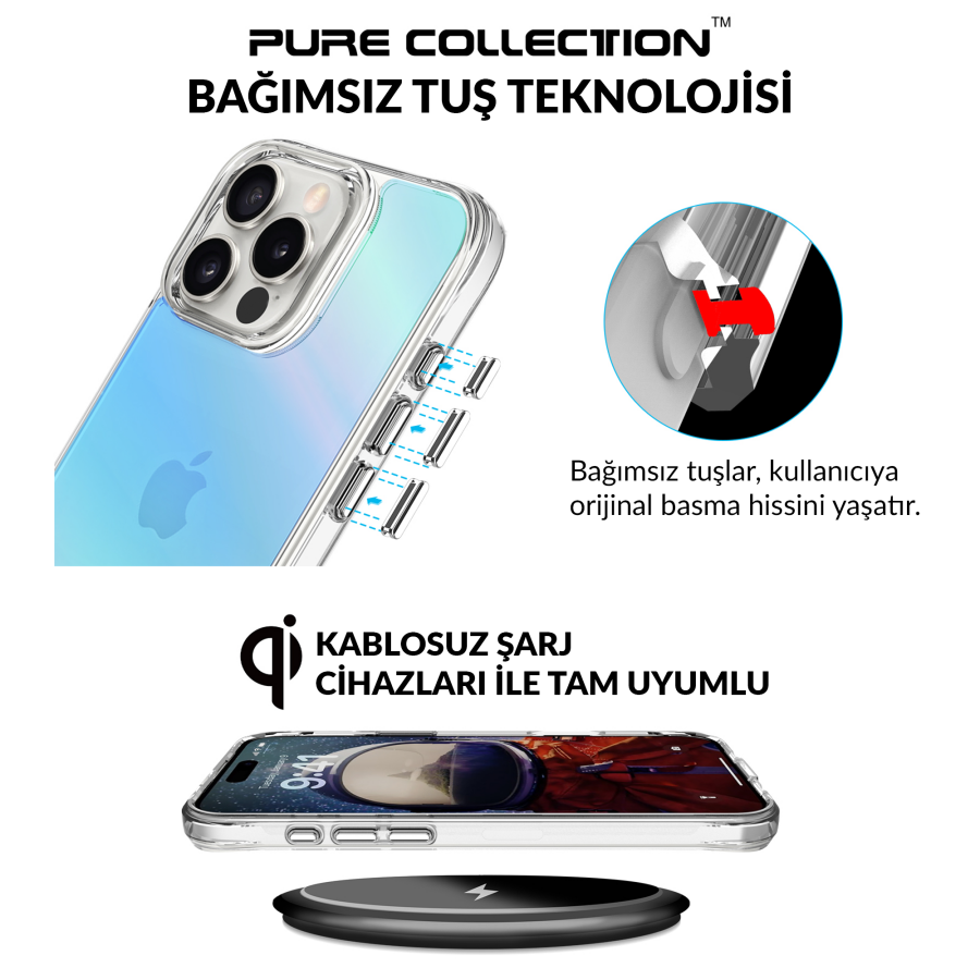 Bix iPhone 16 Pro Max Pure Rainbow Renk Geçişli Şeffaf Kılıf Çizilmeye Dayanıklı Darbe Emici Mavi - 5