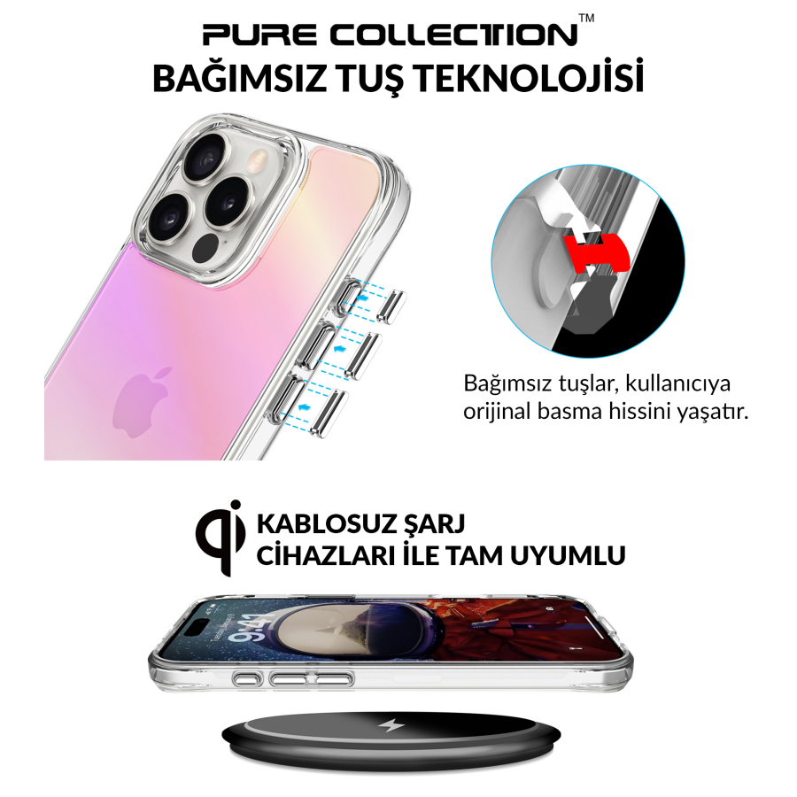 Bix iPhone 16 Pro Max Pure Rainbow Renk Geçişli Şeffaf Kılıf Çizilmeye Dayanıklı Darbe Emici Pembe - 11