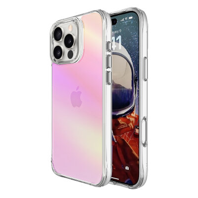 Bix iPhone 16 Pro Max Pure Rainbow Renk Geçişli Şeffaf Kılıf Çizilmeye Dayanıklı Darbe Emici Pembe 