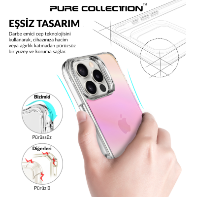 Bix iPhone 16 Pro Max Pure Rainbow Renk Geçişli Şeffaf Kılıf Çizilmeye Dayanıklı Darbe Emici Pembe - 6