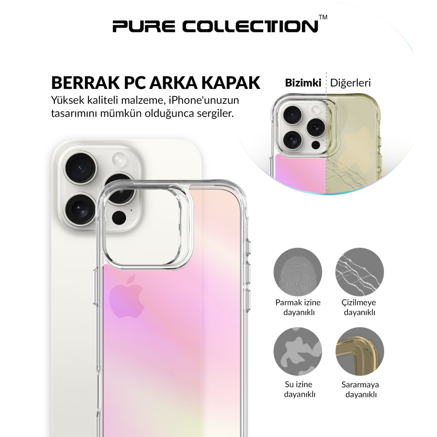 Bix iPhone 16 Pro Max Pure Rainbow Renk Geçişli Şeffaf Kılıf Çizilmeye Dayanıklı Darbe Emici Pembe - 8