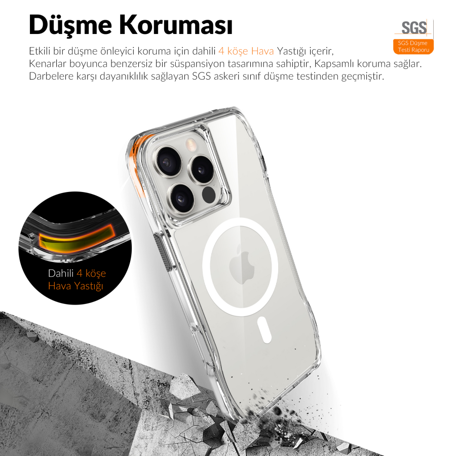 Bix iPhone 16 Pro Octagon Hava Yastıklı MagSafe Kılıf Maksimum Korumalı Antrasit Kristal Şeffaf  - 9