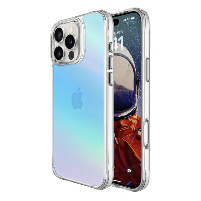 Bix iPhone 16 Pro Pure Rainbow Renk Geçişli Şeffaf Kılıf Çizilmeye Dayanıklı Darbe Emici Mavi 