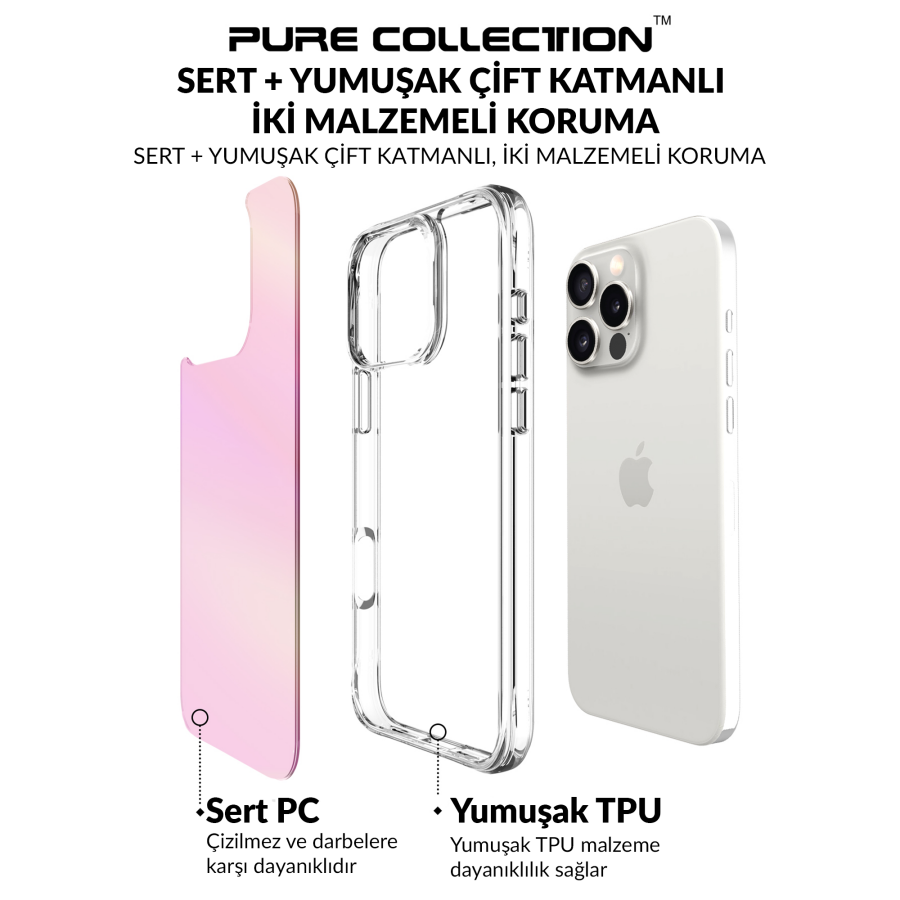 Bix iPhone 16 Pro Pure Rainbow Renk Geçişli Şeffaf Kılıf Çizilmeye Dayanıklı Darbe Emici Pembe - 12