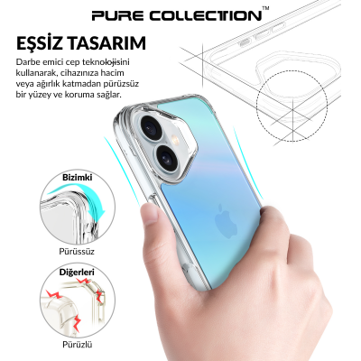 Bix iPhone 16 Pure Rainbow Renk Geçişli Şeffaf Kılıf Çizilmeye Dayanıklı Darbe Emici Mavi - 6