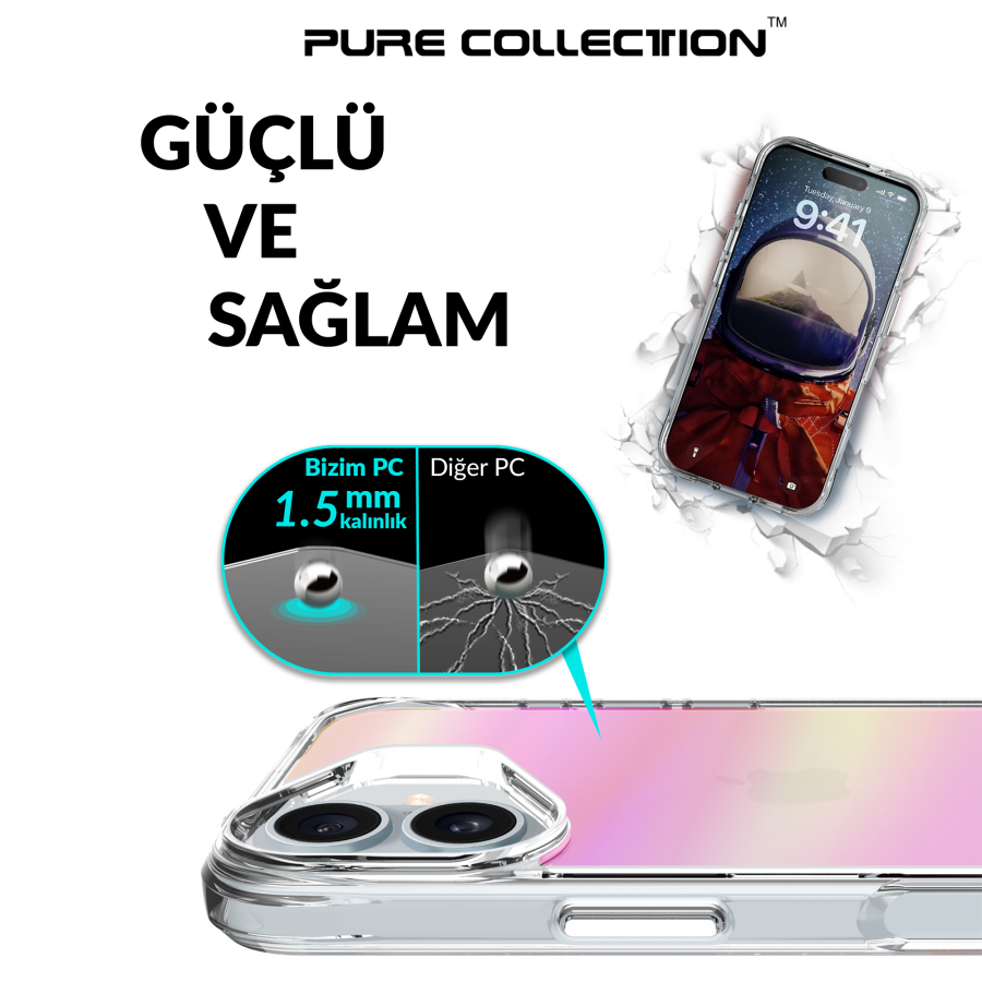 Bix iPhone 16 Pure Rainbow Renk Geçişli Şeffaf Kılıf Çizilmeye Dayanıklı Darbe Emici Pembe - 6