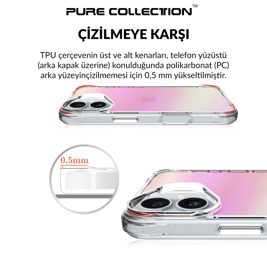 Bix iPhone 16 Pure Rainbow Renk Geçişli Şeffaf Kılıf Çizilmeye Dayanıklı Darbe Emici Pembe - 5