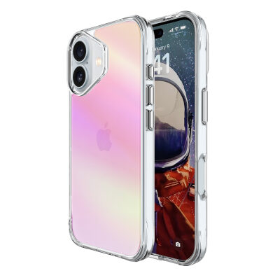 Bix iPhone 16 Pure Rainbow Renk Geçişli Şeffaf Kılıf Çizilmeye Dayanıklı Darbe Emici Pembe 