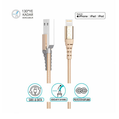 Bix iPhone İçin Ultra Güçlendirilmiş MFI Lightning Şarj Kablosu Altın - 3