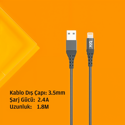 Bix iPhone İçin Ultra Güçlendirilmiş MFI Lightning Şarj Kablosu Siyah - 4