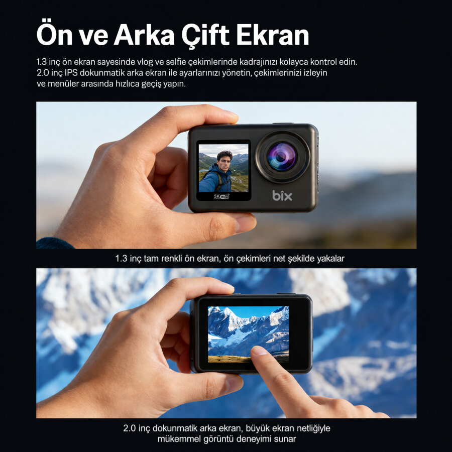 Bix Nexa Dual 5K 30FPS 50MP Wi-Fi Dokunmatik Ekran EIS Özellikli Su Geçirmez Aksiyon Kamerası Motosiklet Bisiklet Kask ve Vlog Kamerası - 6