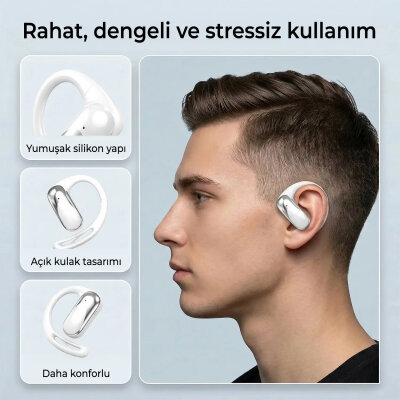 Bix OWS2 Bluetooth 5.4 Stereo Sesli IPX4 Sertifikalı Spor Koşu Fitness Ergonomik Kulak Kancalı Kablosuz Kulaklık Beyaz - 3