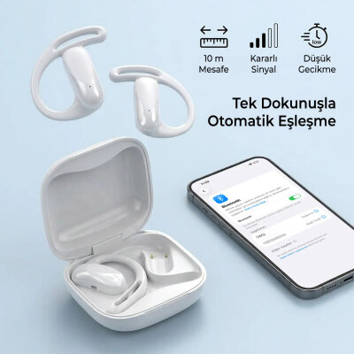 Bix OWS2 Bluetooth 5.4 Stereo Sesli IPX4 Sertifikalı Spor Koşu Fitness Ergonomik Kulak Kancalı Kablosuz Kulaklık Beyaz - 4