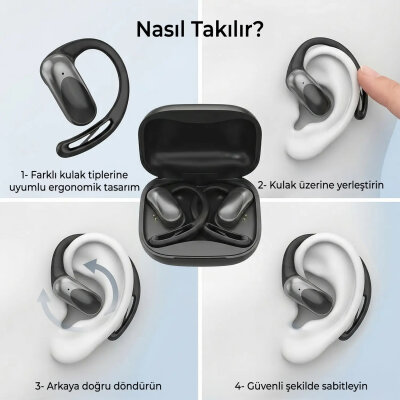 Bix OWS2 Bluetooth 5.4 Stereo Sesli IPX4 Sertifikalı Spor Koşu Fitness Ergonomik Kulak Kancalı Kablosuz Kulaklık Beyaz - 5
