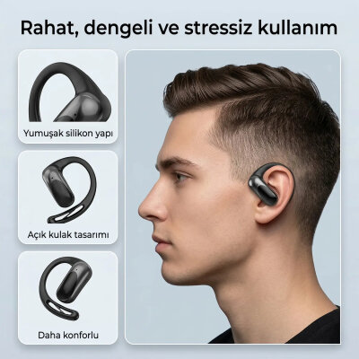 Bix OWS2 Bluetooth 5.4 Stereo Sesli IPX4 Sertifikalı Spor Koşu Fitness Ergonomik Kulak Kancalı Kablosuz Kulaklık Siyah - 3