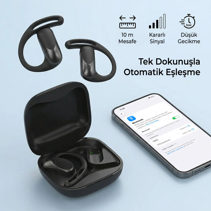 Bix OWS2 Bluetooth 5.4 Stereo Sesli IPX4 Sertifikalı Spor Koşu Fitness Ergonomik Kulak Kancalı Kablosuz Kulaklık Siyah - 5