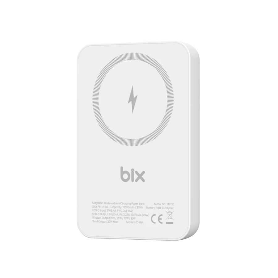 Bix PB112 10000mAh 15W Manyetik Kablosuz ve 20W USB-C Hızlı Şarj Destekli MagSafe Qi Uyumlu Mini Powerbank Beyaz - 1