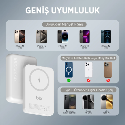 Bix PB112 10000mAh 15W Manyetik Kablosuz ve 20W USB-C Hızlı Şarj Destekli MagSafe Qi Uyumlu Mini Powerbank Beyaz - 4