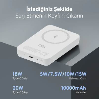 Bix PB112 10000mAh 15W Manyetik Kablosuz ve 20W USB-C Hızlı Şarj Destekli MagSafe Qi Uyumlu Mini Powerbank Beyaz - 6
