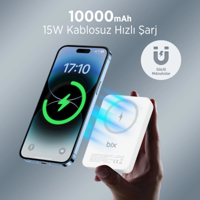 Bix PB112 10000mAh 15W Manyetik Kablosuz ve 20W USB-C Hızlı Şarj Destekli MagSafe Qi Uyumlu Mini Powerbank Beyaz - 7