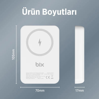 Bix PB112 10000mAh 15W Manyetik Kablosuz ve 20W USB-C Hızlı Şarj Destekli MagSafe Qi Uyumlu Mini Powerbank Beyaz - 9