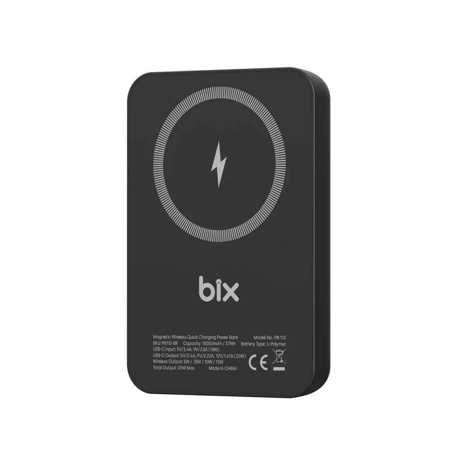 Bix PB112 10000mAh 15W Manyetik Kablosuz ve 20W USB-C Hızlı Şarj Destekli MagSafe Qi Uyumlu Mini Powerbank Siyah - 1